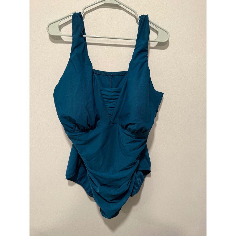 Lands End Womens Teal Blue Ruched One Piece Swimsuit Plus Size 22W Vacation